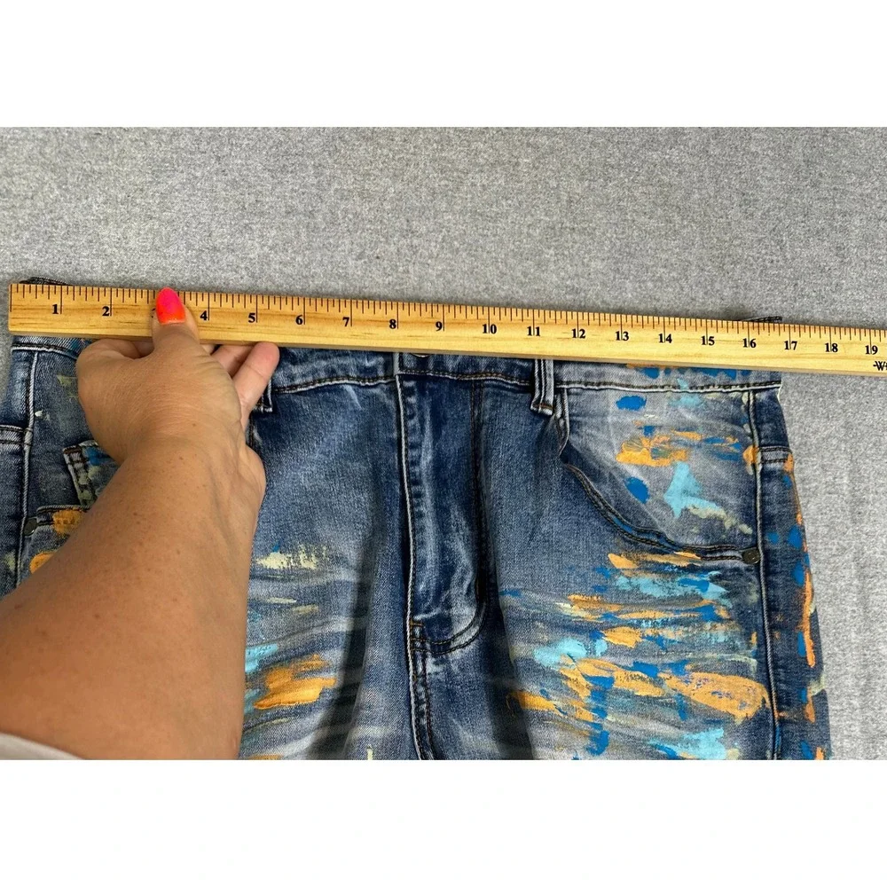 KDNK Men'KDNK Jean Mens 33x31 Distressed Ripped Paint Splatter Denim Design Blue